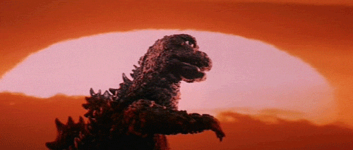 Godzilla in front of a rising sun