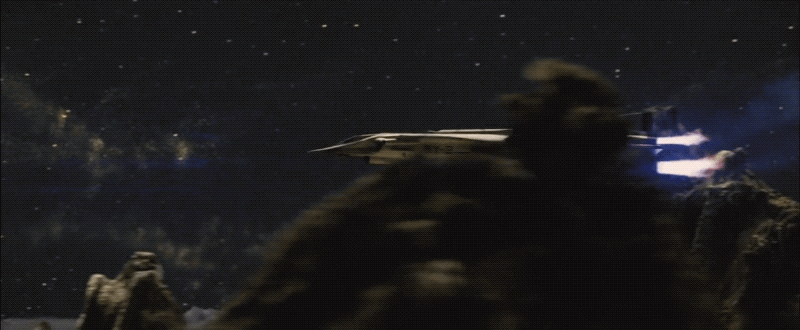 A rocket flying through a well-constructed moon set with exhaust flames providing lens flare