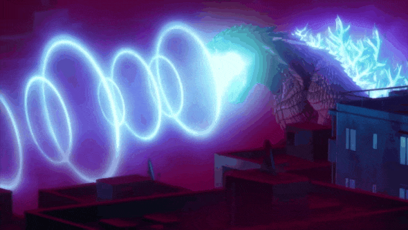 Godzilla Ultima fires atomic laster through rings of energy