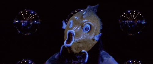 Hallucination of people with fish heads dancing