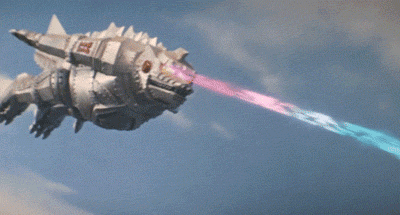 Mechagodzilla flies and attacks Godzilla, who gushes blood out of his neck