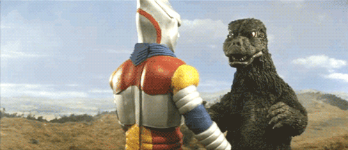 Godzilla and Jet Jaguar shaking hands