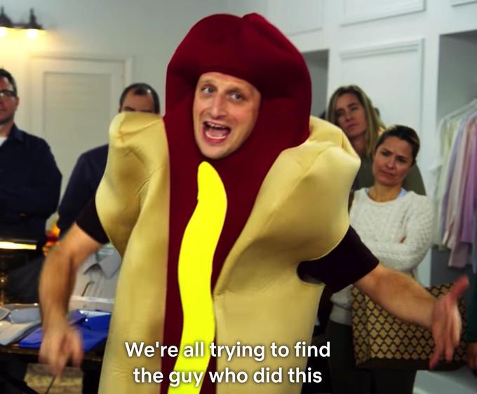 Guy in hot dog suit says "We're all trying to find the guy who did this" after a hot dog truck crashes into a department store