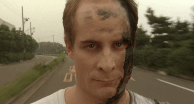 Green screen and speed ramping provide a cheesy shot of M-11 running past a Jeep