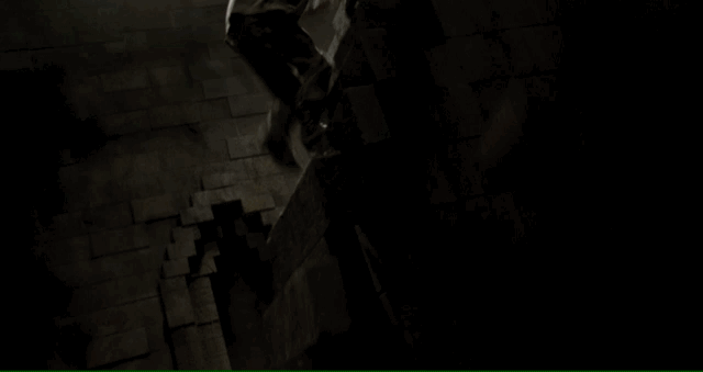 Fujito frantically climbs up steps that are falling away behind him