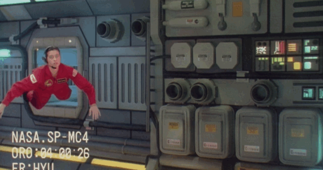 Very bad green screening and wirework as crystals impale a NASA space station sending astrounauts flying