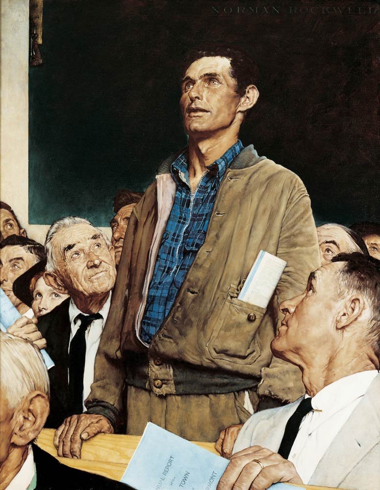 Norman Rockwell's painting entitled "Free Speech" depicting a man advocating to not rebuild a school after it burned down.
